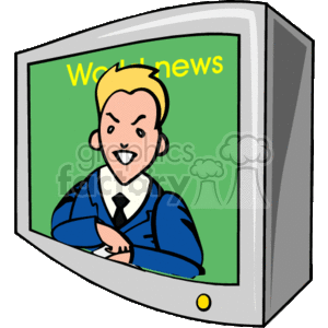 The clipart image depicts a retro-style television set with an illustration of a news anchorman on the screen. The TV has a bulky, gray, CRT design typical of older television models. On the screen, the animated anchorman is shown from the waist up, wearing a blue jacket, a white shirt with a black tie, and is smiling. The word News can be seen in the background, suggesting that he is a news presenter or reporter. The image has a light-hearted and simplified aesthetic typical of clipart.
