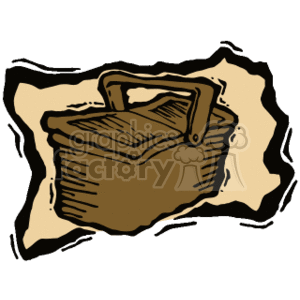 This clipart image features a simple, stylized depiction of a closed picnic basket. The basket appears to be made from woven material, typically indicative of wicker, and has a handle for carrying.