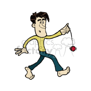 The image shows a cartoon of a man playing with a yo-yo. He is depicted in mid-motion, with one arm extended holding the yo-yo, which appears to be at the end of its string and possibly in the middle of performing a trick. The man is dressed casually with a yellow and green shirt, blue pants, and is barefoot. His hair is styled with a tuft sticking up, and he has a cheerful expression on his face.