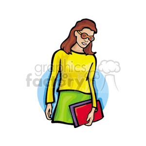 A Red Haired Woman Wearing a Yellow Shirt Holding a Red Book