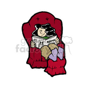This clipart image depicts a woman comfortably seated in a large, cushy, red armchair. She is smiling and reading a book, with her feet up and one over the other, suggesting relaxation. The chair appears plush with star-shaped details, adding to the cozy atmosphere.