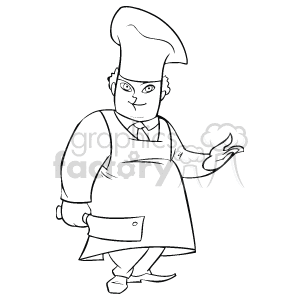 The image is a black and white line drawing of a chef. The chef is shown wearing a traditional chef's hat, an apron, and carrying a knife in one hand.