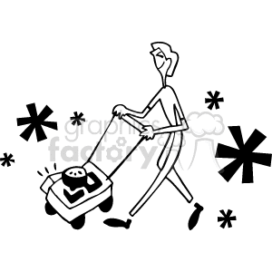 The image depicts a stylized illustration of a person using a push lawn mower to cut grass. The individual is shown in a walking pose, actively engaged in mowing, with grass clippings suggested by small shapes scattered around the mower.