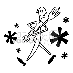 The clipart image depicts a stylized representation of a man working. The man appears to be walking and is carrying a pitchfork. The design is minimalist with abstract elements surrounding the figure that could represent leaves or specks of dirt, indicating an outdoor, agricultural setting.