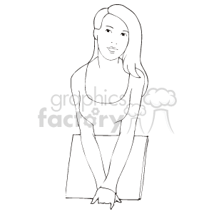 This is a simple black and white line drawing of a woman. She appears to stand in a relaxed pose with her hands gently touching in front of her.