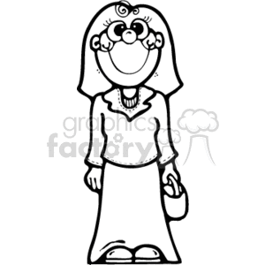 The image is a black and white clipart depicting a female character in a country or rustic style outfit, with a long skirt, a blouse, and a necklace. She carries a handbag and sports a big smile with curly hair. The image is styled in a simple and cartoonish manner.