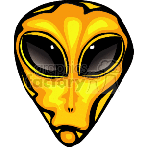 The clipart image depicts a stylized representation of the classic grey alien face, characterized by a large, elongated head, oversized black almond-shaped eyes, a small nose, and a small mouth. The color of the alien is yellow with orange swirl-like patterns, possibly indicating a textured skin surface.