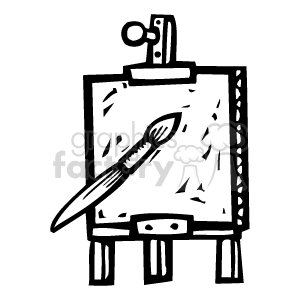 This is a black and white clipart image depicting an artist's easel with a canvas. On the canvas, there is a paintbrush, suggesting that a painting is in progress or about to be started. 