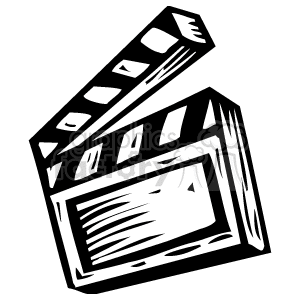 The image depicts a black and white clipart of a movie clapperboard, also known as a clapboard or slate, used in filmmaking and video production to assist in synchronizing picture and sound, and to designate and mark particular scenes and takes recorded during a production.