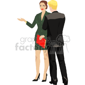 The clipart image displays a professional setting where a woman and a man are engaged in conversation. The woman, wearing a green business suit and holding a red folder, appears to be talking and gesturing with her right hand. The man, seen from the back, is dressed in a black suit and is standing attentively as he listens to the woman.