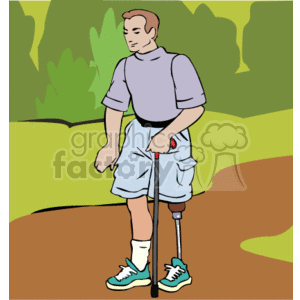 The image is a clipart depicting a man with a prosthetic leg hiking on a dirt path in the woods. He is wearing shorts, a t-shirt, and sneakers, and is using a walking cane to assist him.