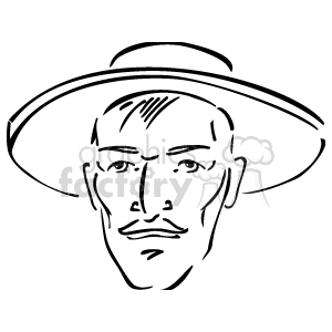 The image depicts a line drawing of a person's face. The individual appears to be wearing a wide-brimmed hat, and the facial features include eyes, eyebrows, a nose, a mustache, and a mouth with distinct outlines. The style is minimalistic and appears hand-drawn, focusing on the contours of the facial features without any shading or color.