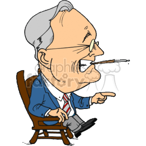 This clipart image features a caricature of Franklin D. Roosevelt, the 32nd President of the United States. He's depicted as an exaggerated cartoon character, sitting in a chair with a humorous expression, pointing his finger. He's wearing a suit with a tie, glasses, and his distinctive pince-nez, and his hair is styled in a way that was typical for him.
