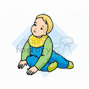 A Little Boy Sitting in Green and Blue Pajamas with a Yellow Bib on