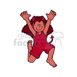 The image features a stylized cartoon of a happy child dressed in red, with devil horns and a tail, possibly celebrating or performing a gymnastic pose with arms upraised.