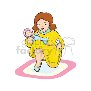 A little girl in a yellow dress feeding a baby doll
