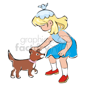 The image is a clipart illustration showing a young girl interacting with a small dog. The girl appears to be blonde and wearing a blue dress with a white trim, red shoes, and she has a bow in her hair. The dog has brown fur with a lighter face, and it wears a collar with a tag.