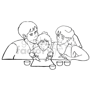 This clipart image depicts a simple line drawing of a family engaging in a playful or educational activity. There is an adult figure on the left, which appears to be a man, and an adult figure on the right, which appears to be a woman. Between them is a child, and in front of the child, there are some cups or containers on a table, which may suggest that they are involved in a game or craft activity. All three are focusing on something on the table that is not clearly depicted in the image.