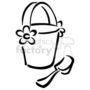 The clipart image depicts a bucket with a handle and a decorative flower on its side, and a shovel next to it. This setup is usually associated with beach play or sandbox toys for kids.