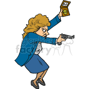 The clipart image depicts a stylized illustration of a female detective or police officer in action. She is holding a gun in one hand and a badge in the other, possibly indicating her authority, suggesting a scenario where she is confronting a suspect or engaging in a law enforcement situation. Her expression is serious and focused, connoting the intensity and danger of the situation.