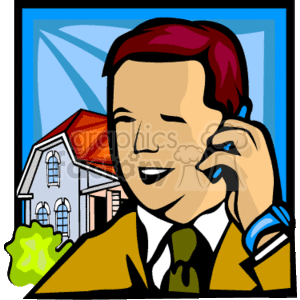 The image is a clipart featuring a person, likely a real estate agent or realtor, talking on the phone. The individual is wearing business attire, including a suit jacket and tie. In the background, there's a house, suggesting that the topic of the phone conversation might be related to real estate. The realtor is smiling, which implies a positive interaction, possibly discussing a sale or property inquiry.