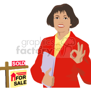 The clipart image depicts a woman with short hair, wearing a red jacket over a yellow blouse, holding what appears to be documents or folders in one hand, and making an 'OK' gesture with the other. Standing next to her is a 'For Sale' sign with a 'SOLD' sticker plastered across it, suggesting that she is a realtor who has successfully sold a property.