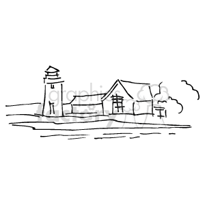 The clipart image depicts a scenic oceanic coastline featuring a lighthouse and an adjacent building, possibly a keeper's house or a coastal structure. Waves are indicated beside the lighthouse, suggesting proximity to the sea.