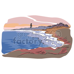 The clipart image features a serene beach scene with a large body of water, which could depict the ocean, with waves gently meeting the shore. There is a sandy beach in the foreground with vegetation or dunes at the edge. The sky is depicted with soft pastel colors, which might suggest it's either dawn or dusk. A solitary figure stands at the shore, looking out over the water, which adds a peaceful or contemplative element to the scene. 