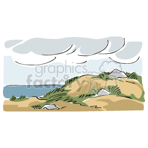 The clipart image depicts a coastal beach scene. In the foreground, there are sand dunes with patches of grass. Beyond the dunes, there is a body of water that suggests an ocean or sea. In the background, there are cloudy skies suggesting a cloudy day at the beach.