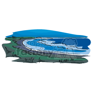This clipart image depicts an ocean view likely from an east coast perspective. The image shows a stretch of coastline with a beachfront that curves inward, forming a small bay or cove. The water is represented in shades of blue with some waves, and the land is green, indicating vegetation or grass-covered ground.