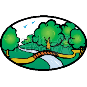 This clipart image features a cartoon-style depiction of a pastoral scene that includes several green trees, a small wooden bridge crossing a blue stream or river, lush greenery on either side of the water, and a few birds flying in a blue sky.