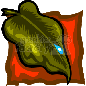 This clipart image features a stylized depiction of a green tropical leaf, possibly reminiscent of Hawaiian foliage, with a water droplet on it, set against a background that has a warm, brownish-red tone with shadows, suggesting dimensionality and a tropical ambiance.