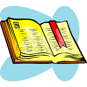 The clipart image shows a yellow open Bible with a red bookmark ribbon. The Bible is drawn in a cartoon style and has a blue shadow-like background.