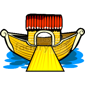 The clipart image depicts a stylized representation of Noah's Ark. The ark is shown with a yellow and brown hull, a red roof with white trim, and a ramp extending downward toward the viewer. There are blue waves under the ark, indicating that it is afloat.