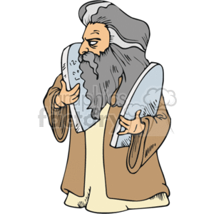 In this clipart image, there is a depiction of Moses, a prominent figure in various religious texts, holding the Ten Commandments. These commandments are represented as two stone tablets with inscriptions. Moses is characterized with a long beard, flowing robes, and an ancient Semitic look, which are conventional attributes for illustrating this biblical figure.