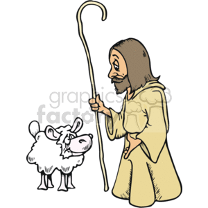 The clipart image depicts a stylized representation of a man with a beard and long hair, dressed in a robe and holding a shepherd's staff. He is looking at and standing next to a sheep or lamb. This image is evocative of religious symbolism commonly associated with Christian imagery, where the man represents Jesus Christ, often referred to as the Good Shepherd, and the lamb represents his followers or the notion of innocence and sacrifice.