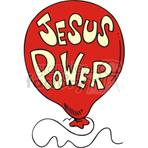The image shows a red balloon with the words JESUS POWER written on it in bold, stylized lettering. The balloon has a string trailing from the bottom, suggesting it is either being held or has just been released.