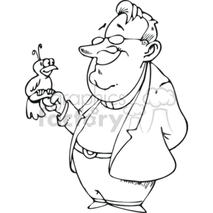 This is a black and white clipart image featuring a figure that appears to represent a priest or a cleric, with a bird perched on his hand. The character is depicted as a smiling cartoon man wearing glasses and what might be clerical attire, which includes a jacket or robe. The bird looks cartoonish as well and it is illustrated with a whimsical, friendly design.