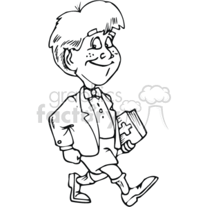 The clipart image depicts a young boy walking with a happy expression on his face. He is dressed smartly in a buttoned shirt, pants, and shoes, and is holding a book with a cross on its cover, which suggests it is a Bible. The boy appears to be respectful or cheerful about his possession of the Bible, implying a connection with Christian religious themes.