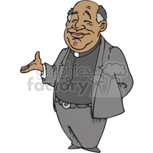 This image depicts a clipart illustration of what appears to be a friendly African American Christian priest or clergyman. He is dressed in religious attire, which includes a clerical collar and a dark, possibly gray or black, cassock or suit with a jacket. He is gesturing with one hand as if he is speaking or blessing, and has a gentle, smiling expression on his face.