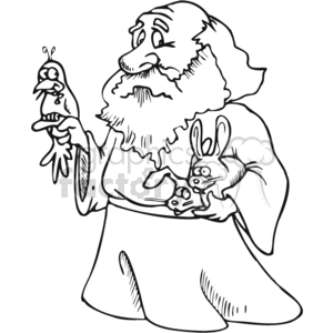 The clipart image portrays a bearded and robed figure reminiscent of a traditional Christian monk or saint, holding a bird in one hand and a rabbit in the other.