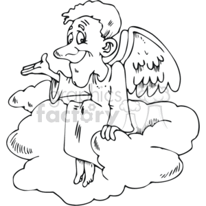 This is a line drawing depicting a cartoon-like angel sitting on a cloud. The angel is depicted as a male figure with a halo above his head, short curly hair, large feathered wings, and wearing a robe. The angel is sitting with crossed legs on the cloud and appears to be blowing a kiss or speaking.