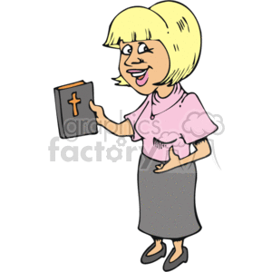 This is a clipart image of a smiling woman holding a book, presumably a Bible given the religious symbol of a cross on the cover. She appears in a casual outfit with a pink top and a grey skirt, which suggests a non-formal setting. The style of the image is cartoonish and simple, suitable for educational materials, religious publications, or presentations.