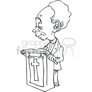 The clipart image depicts a caricature of a religious figure, which seems to be a Christian clergyman or priest, likely intended to represent an African American individual. He's standing behind a lectern adorned with a cross, suggesting a Christian church setting. The figure appears to be engaged in a sermon or reading sacred texts, emblematic of religious practices within a Christian church, possibly during a gospel service.