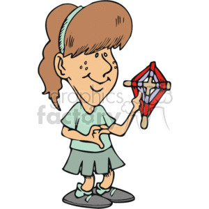 This clipart image features a smiling girl holding a dream catcher. The dream catcher consists of a woven net within a hoop, decorated with feathers and beads. The girl has a ponytail and is wearing a casual outfit with a t-shirt, a skirt, and sneakers.