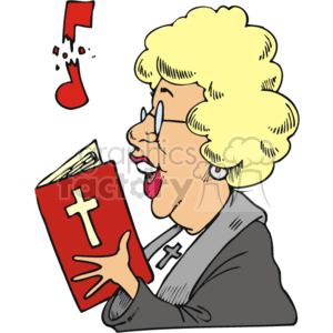 The clipart image depicts a stylized woman likely participating in a church choir or religious singing activity. She is holding a red hymn book with a cross on the cover, suggesting a Christian context. The woman is singing, as indicated by the musical note and her open mouth. She appears to be wearing glasses and a church choir robe or a formal outfit.