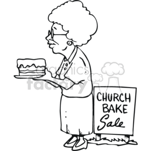 The clipart image depicts a side-profile of a woman who has a stylized appearance that suggests she could be a grandmother. She's standing next to a sign that reads CHURCH BAKE SALE and is holding a cake on a plate, seemingly offering it for the sale. The woman is wearing glasses, has her hair styled in a large, rounded fashion, and is dressed in a buttoned-up blouse and A-line skirt. Her facial expression shows a mix of pride and kindness, typical for someone participating in a community event like a church bake sale.