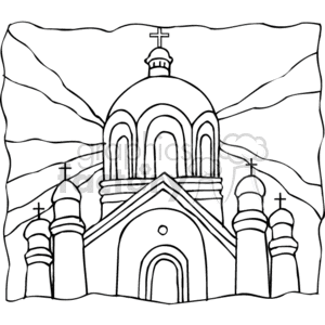 The clipart image depicts a Christian church or cathedral. It features a central dome with a cross on top, a semi-circular arch doorway, and several smaller domes, each also topped with a cross, representing the traditional architecture commonly associated with Eastern Orthodox churches. The structure also includes multiple tiers and windows, suggestive of a grand and significant religious building. The background appears to be stylized lines, possibly representing clouds or rays of divine light.