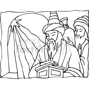 The image appears to be a simple black and white line drawing of three figures, which could be interpreted as the Three Wise Men or Magi from Christian tradition. They feature classical elements such as beards and traditional headwear, often associated with depictions of the Magi. They are gazing in the direction of a bright star, which may represent the Star of Bethlehem. One of the figures is holding what seems to be a box, possibly symbolizing the gifts brought to Jesus according to the nativity story. The outlines are bold and the drawing style is suitable for coloring activities or educational purposes.