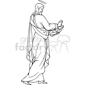 The image is a line drawing or clipart of a figure traditionally depicted as an angel or a holy figure from Christian iconography. The figure has a halo and is dressed in robes, holding what appears to be a platter or a bowl of fruit.